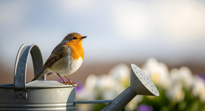 European robin perched on a zinc watering can in a garden setting with blurred white flowers against a bright sky backdrop