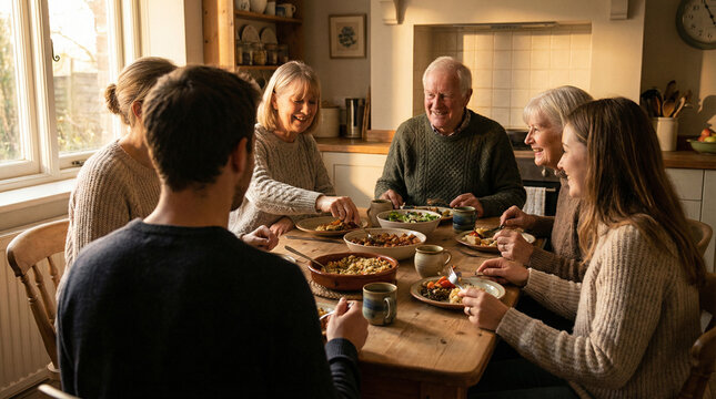 Happy multigenerational family enjoying a cozy and heartfelt meal together at home, sharing conversations and strengthening their cherished bonds
