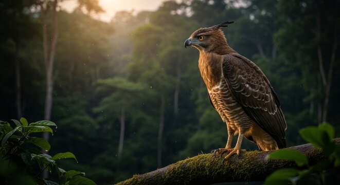 Javan hawk eagle in natural rainforest environments with dramatic lighting, detailed feathers, and powerful expressions, ideal for wildlife, conservation, and premium editorial visuals.