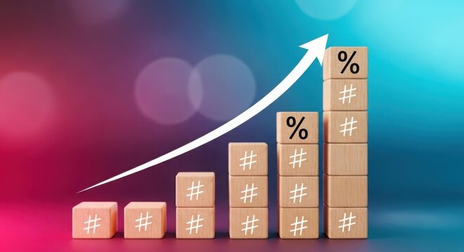 A bar graph made of wooden blocks with hashtags and percentage signs on a colorful background