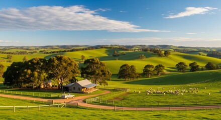 Obraz premium A serene rural landscape with a farmhouse and rolling green hills on Cinco de Mayo