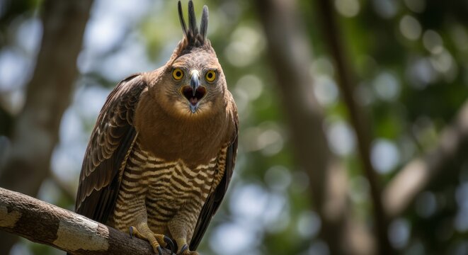 Javan hawk eagle in natural rainforest environments with dramatic lighting, detailed feathers, and powerful expressions, ideal for wildlife, conservation, and premium editorial visuals.