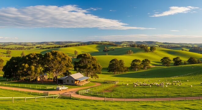A serene rural landscape with a farmhouse and rolling green hills on Cinco de Mayo