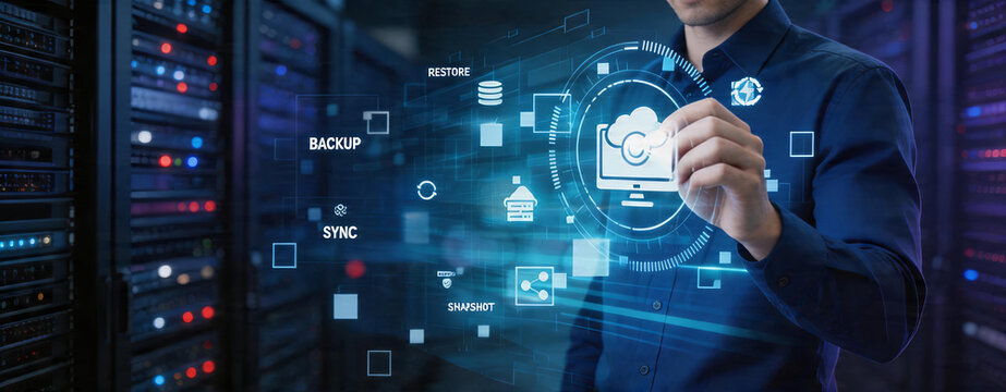 Professional man interacts with digital cloud and data icons in a server room, representing IT infrastructure, data management, and cloud computing technology.