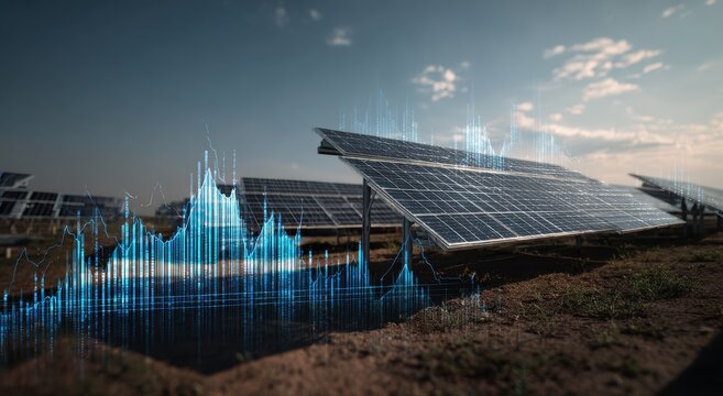 A futuristic representation of solar panels with digital waveform data streams in the foreground ind