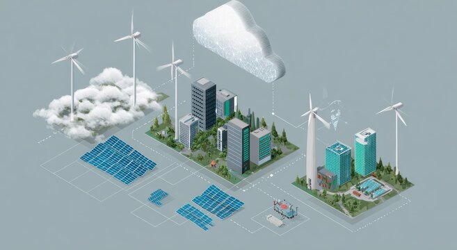Isometric illustration of a sustainable city with renewable energy sources and green spaces in a fut
