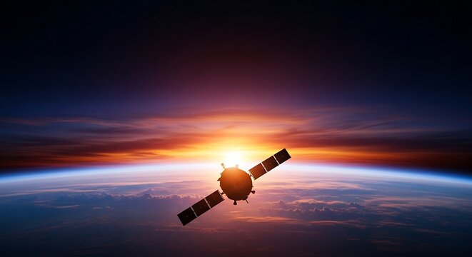 Orbital satellite against the backdrop of a vibrant sunrise over planet Earth, illustrating space exploration and technological advancement in orbit