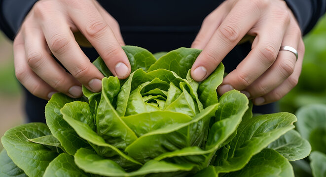 Fresh butter lettuce head being inspected by hands organic crop harvest healthy eating concept close-up view