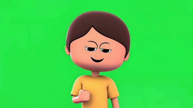Mischievous 3D cartoon boy character with a sly smirk and gesture on green screen
