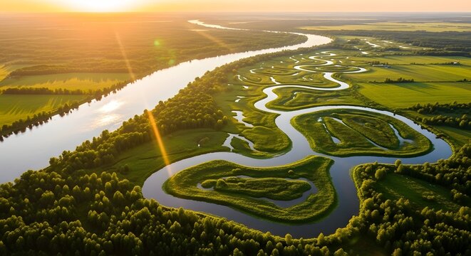 Golden sunlight illuminates a vast aerial landscape featuring incredibly winding rivers and lush green forests