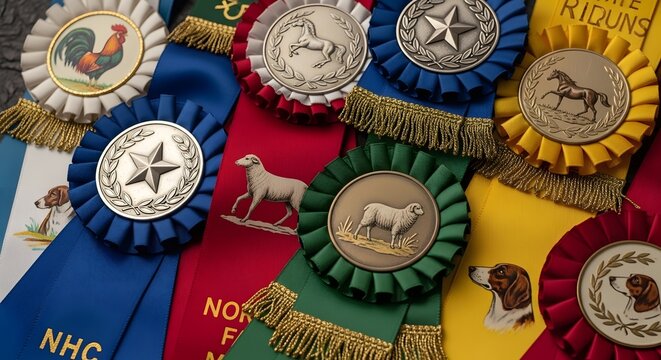 A colorful display of ribbons and rosettes for awards and recognition on Cinco de Mayo