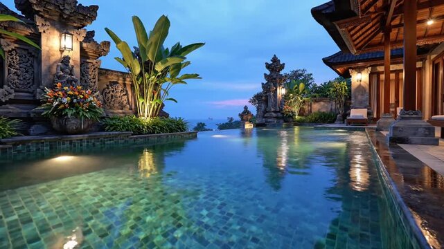 Serene evening at an exotic tropical villa with illuminated luxurious infinity pool and lush garden decor