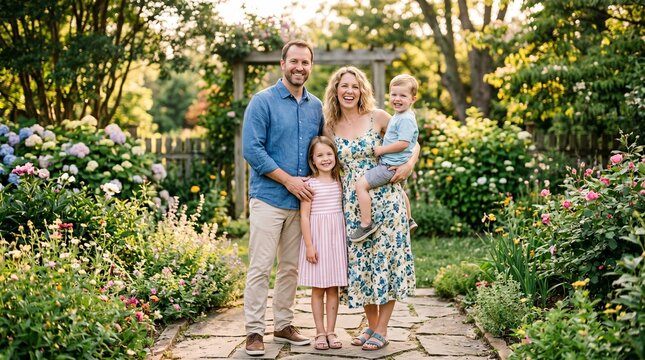 Happy young family smiling at camera while spending time together in beautiful summer garden