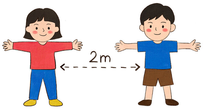 Children practicing social distancing of 2m, concept of virus prevention and public safety, hand drawn illustration