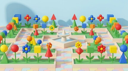 Obraz premium Colorful 3D geometric garden scene with vibrant flowers, abstract plants, and decorative shapes in bright playful environment, spring summer outdoor concept, pastel rainbow background