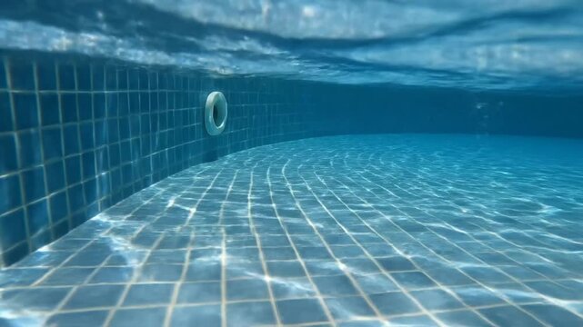 Underwater Pool Drain Inspection with Clear Blue Tiled Pool View for Maintenance and Safety