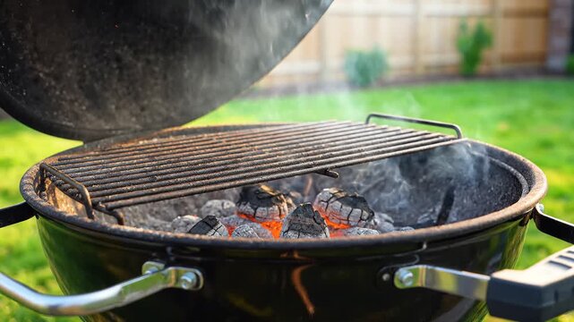 Outdoor Barbecue Grill with Hot Coals and Smoke Ready for Cooking.