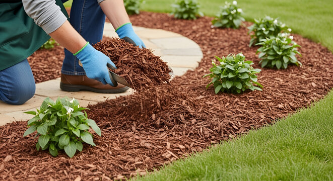 Gardener spreading brown mulch around green plants in a backyard garden for landscaping and yard maintenance in spring season