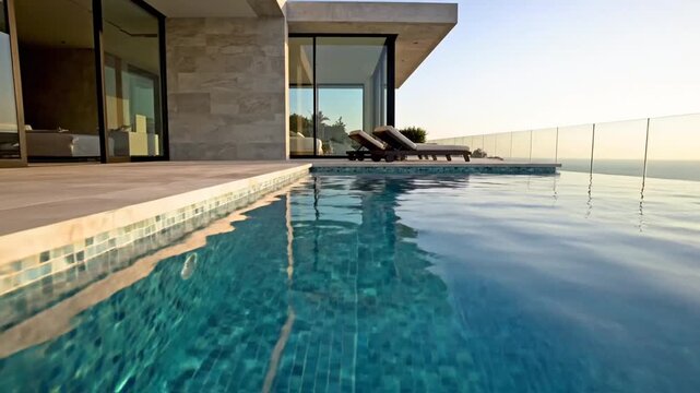 Elegant modern villa swimming pool overlooking scenic horizon with relaxation lounge setup at sunset