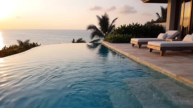 Serene sunset over luxurious poolside with ocean view and sunset lighting for relaxing vacation atmosphere