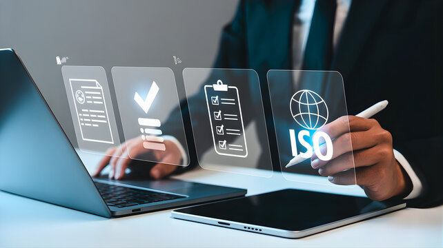 ISO Certification: An individual engaged in the process of achieving ISO certification, meticulously reviewing documents and engaging with a variety of digital tools and displays.