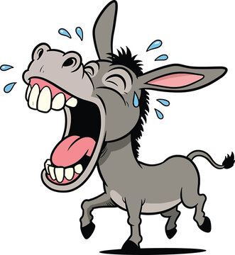 Cartoon of a grey donkey laughing hysterically with a wide open mouth showing large teeth and blue sweat drops flying around its head on a white background