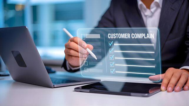 Assessing Customer Complaints: A professional carefully reviews and evaluates a digital form, highlighting the process of addressing and resolving concerns in a client-centric approach. 