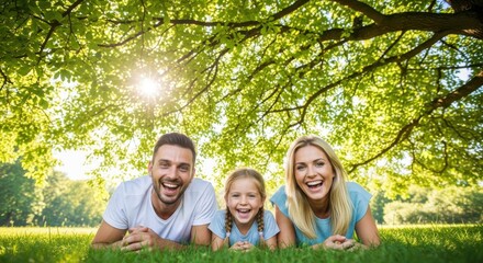 Fototapeta premium Happy family lies together on the green grass under a large tree in a sunlit park.