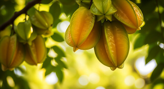 Ripe yellow starfruit cluster hanging from a tree branch with green leaves carambola