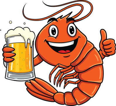 Cartoon orange shrimp character smiling and holding a glass mug of golden beer with white foam while giving a thumbs up gesture isolated on a white background