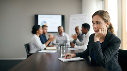 Fototapeta premium close up of disengaged employee during meeting with blurred team in background with copy space on left clean office setting for text silent conflict and communication breakdown concept