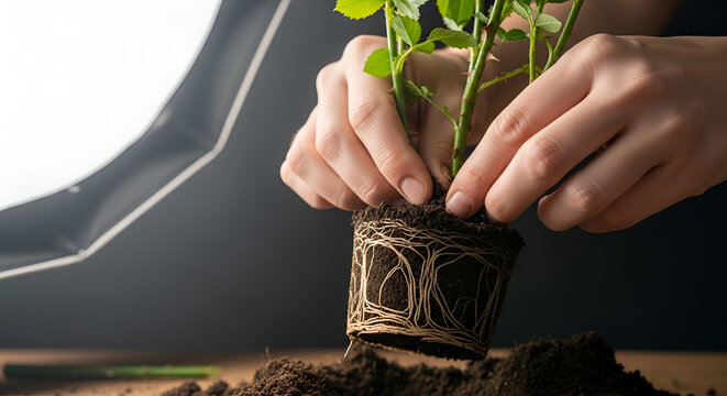 Hands holding plant root ball before transplanting into soil demonstrating rootbound condition in gardening studio shot