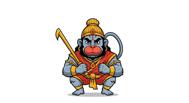Hanuman cartoon character, Hindu deity, warrior monkey god, holding mace weapon