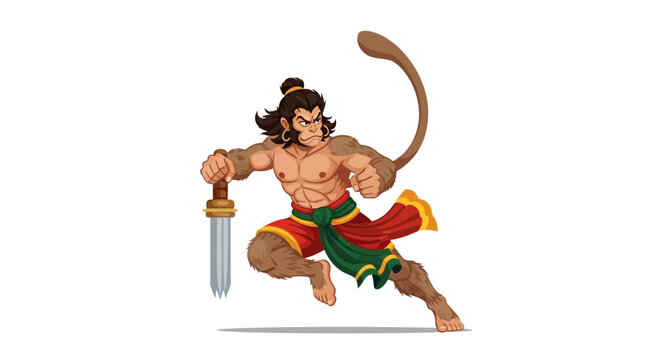 Hanuman warrior with sword, Hindu mythology, powerful monkey god, dynamic pose, illustration