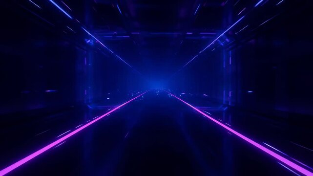 Futuristic Neon Tunnel with Digital Glitch Effect and Blue Light Perspective