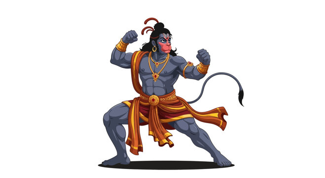 Hanuman Warrior Pose, Hindu Deity, Digital Art, Indian Mythology