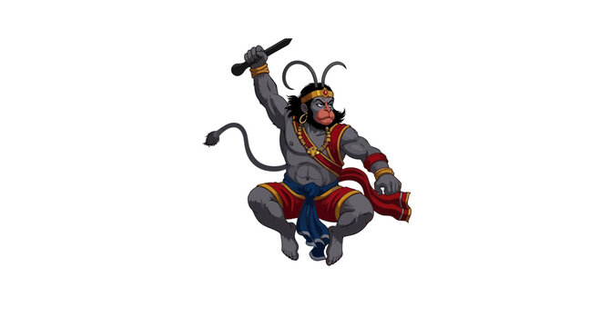Lord Hanuman illustration, Hindu deity, powerful monkey god, warrior pose