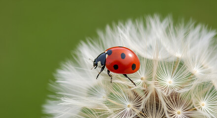 Fototapeta premium Ladybug resting delicately on a fluffy dandelion seed head in a macro shot showcasing its vibrant red shell against the soft white seedhead