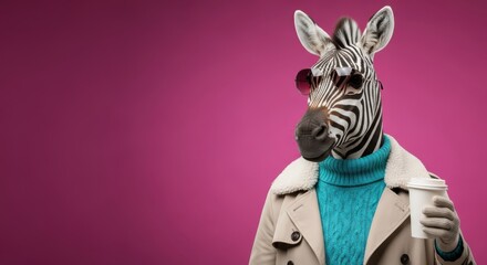 Fototapeta premium Stylish zebra dressed in winter clothing holds a beverage against a pink backdrop.