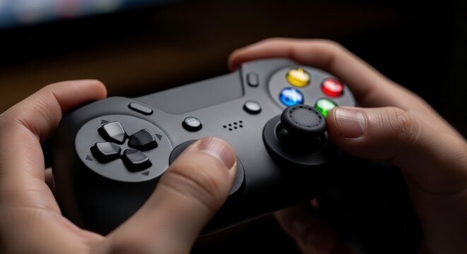 Hands holding a video game controller.