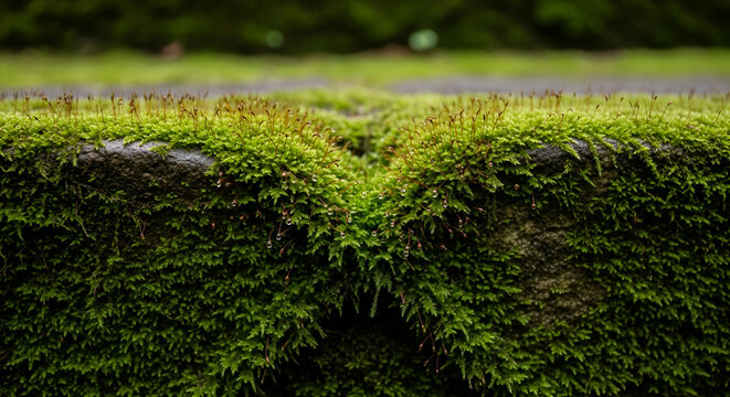 Lush green moss covering a stone wall creates a vibrant textured surface with tiny sporophytes and water droplets in a damp environment.