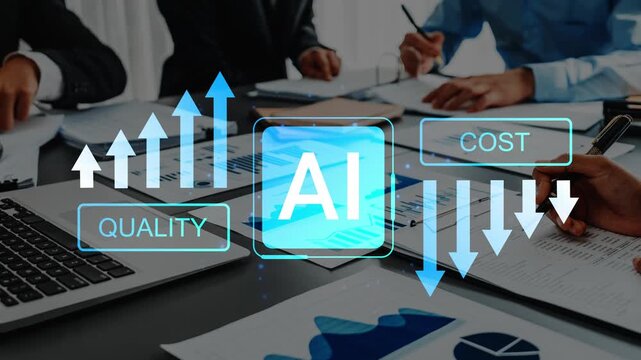 Business Meeting with AI Technology Increasing Quality and Reducing Cost in Modern Workplace with Graphs and Charts on Table Gluon.