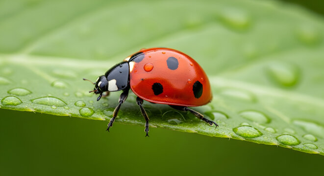 Macro photograph of a vibrant red ladybug with black spots perched on a lush green leaf covered in glistening water droplets