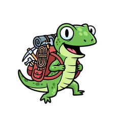 Fototapeta premium Cartoon Lizard Ready for Adventure with Backpack and Hiking Gear.