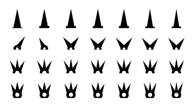 Halloween crown, witch hat, evil icon set, 30 black vector symbols