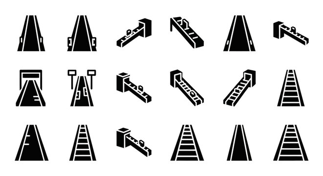 Black and white construction cone icons, roadblock warning signs, traffic cone symbols, 20 isolated vector graphics