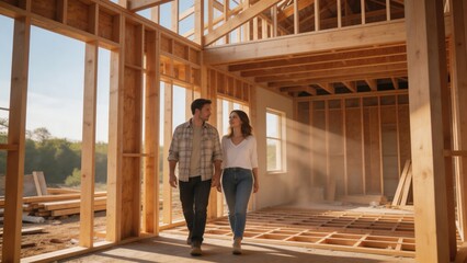 Fototapeta premium A young couple explores their new home under construction, walking through an unfinished interior with exposed wooden beams and windows letting in natural sunlight.