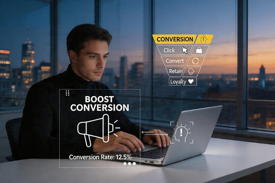 Businessman working on laptop with conversion metrics overlay: boost conversion rate, states of mind, growth strategy. Abstract business tech illustration in urban workspace at night.