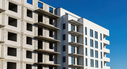 Fototapeta premium Modern apartment buildings stand side by side showing two different stages of construction progress.
