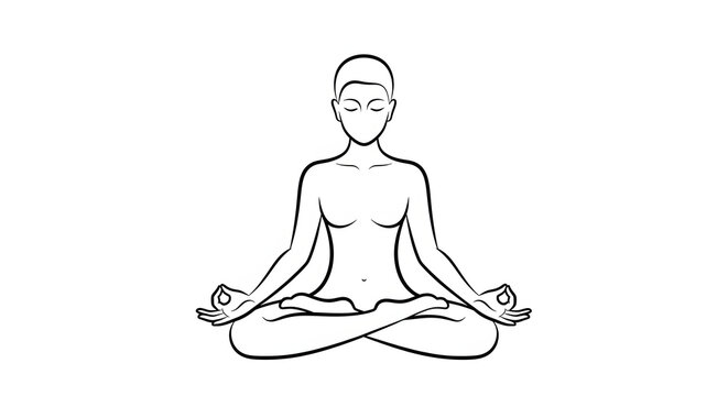 A serene line drawing of a person meditating in a peaceful lotus position with eyes closed and hands. Generative AI Illustration